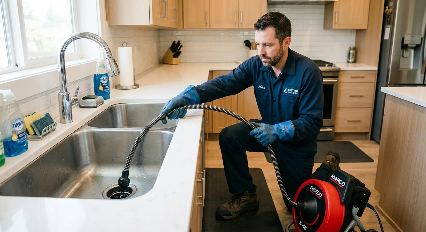 Drain cleaning technician using a motorized snake on a kitchen sink in Hubbard