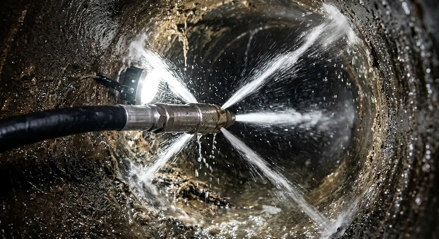High-pressure hydro jetting nozzle cleaning sewer pipe for Trenchless Sewer Repair in Hubbard