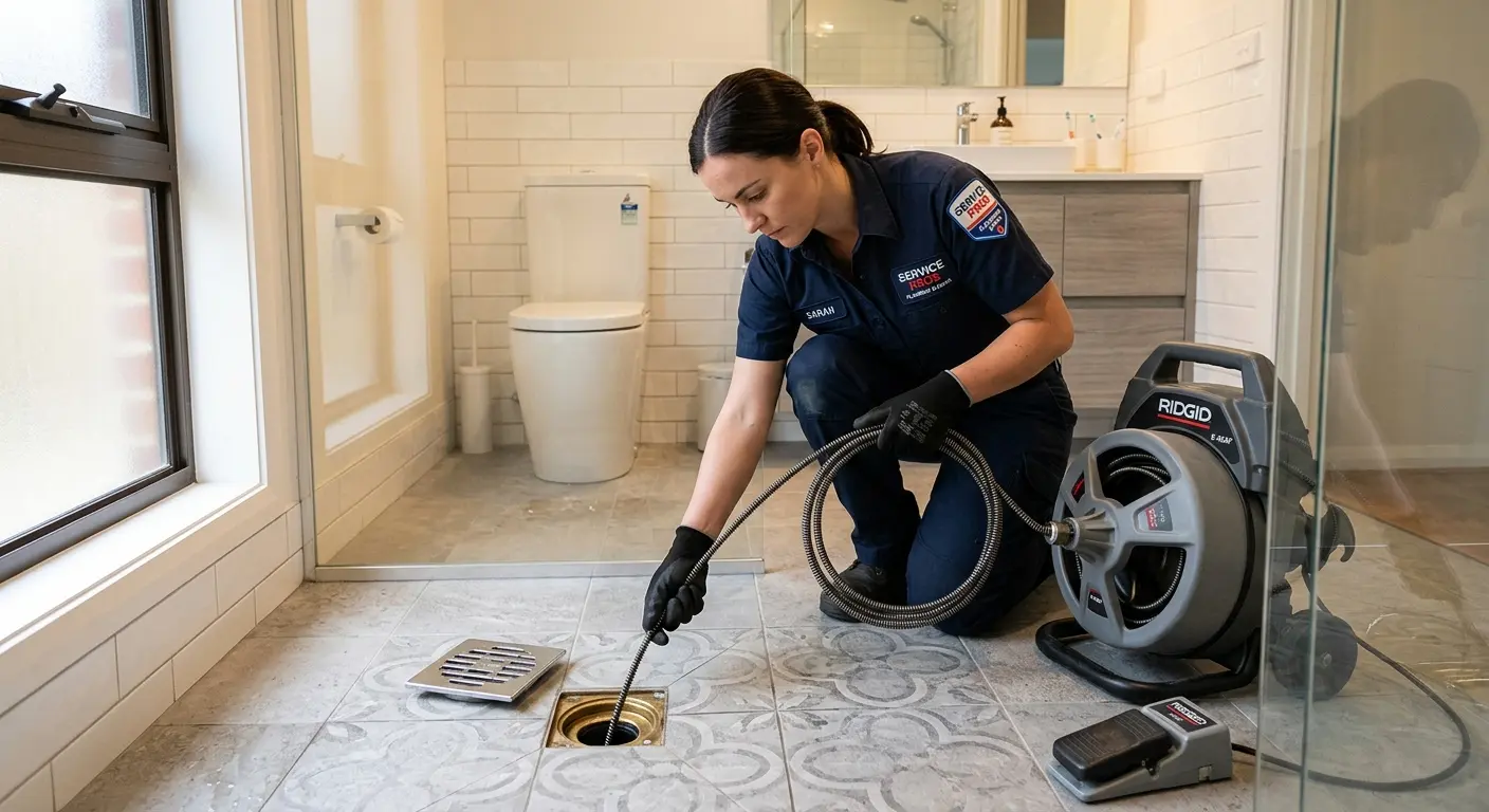 Technician clearing a bathroom floor drain for Sewer Line Replacement in Hubbard